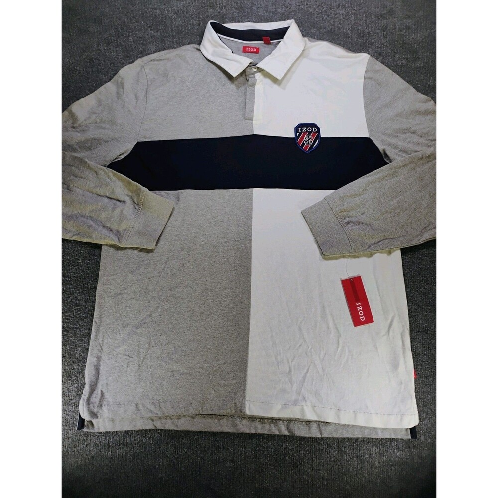 IZOD Heavy Jersey Rugby Polo Shirt Gray White Colorblock Men's XL NWT Patch